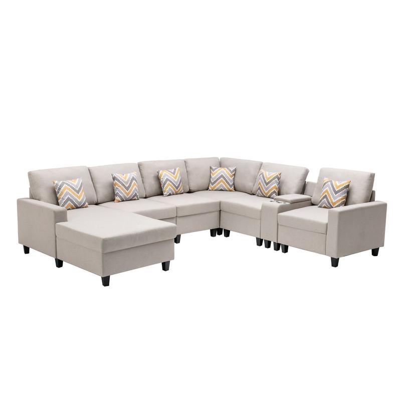 Nolan Beige Linen Fabric 7-Pc Reversible Chaise Sectional Sofa with a USB, Charging Ports, Cupholders, Storage Console Table and Pillows and Interchangeable Legs. Picture 5