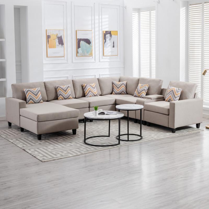 Nolan Beige Linen Fabric 7-Pc Reversible Chaise Sectional Sofa with a USB, Charging Ports, Cupholders, Storage Console Table and Pillows and Interchangeable Legs. Picture 4
