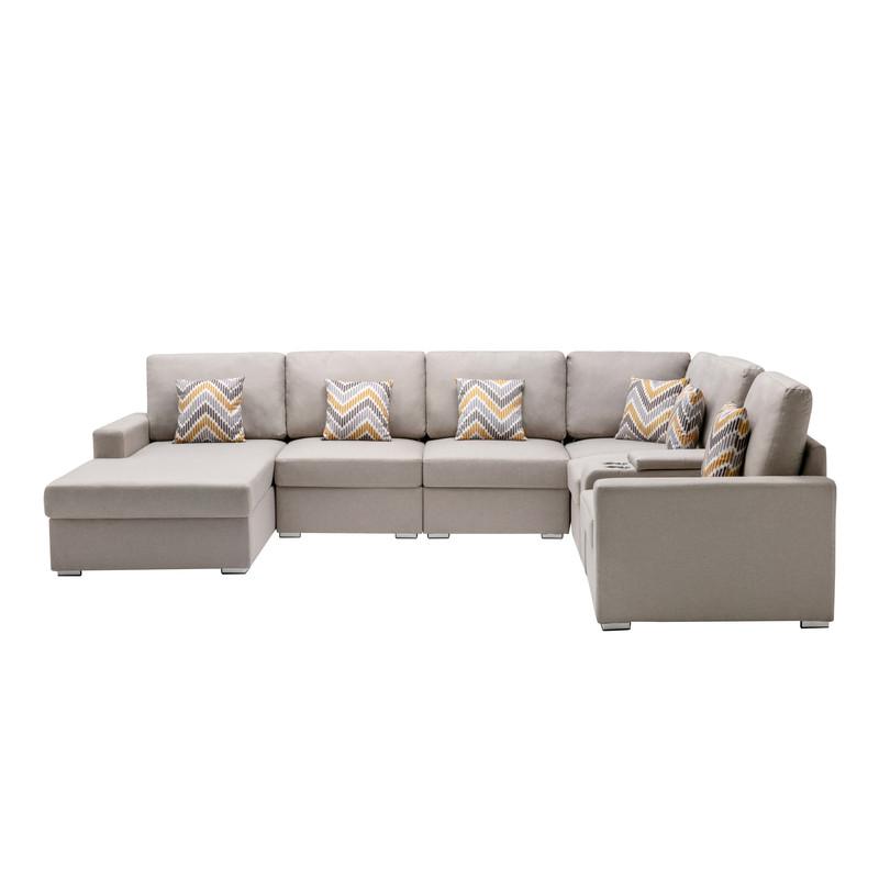 Nolan Beige Linen Fabric 7-Pc Reversible Chaise Sectional Sofa with a USB, Charging Ports, Cupholders, Storage Console Table and Pillows and Interchangeable Legs. Picture 3