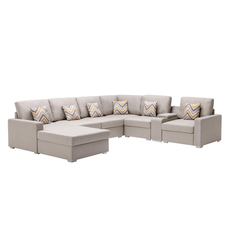 Nolan Beige Linen Fabric 7-Pc Reversible Chaise Sectional Sofa with a USB, Charging Ports, Cupholders, Storage Console Table and Pillows and Interchangeable Legs. The main picture.