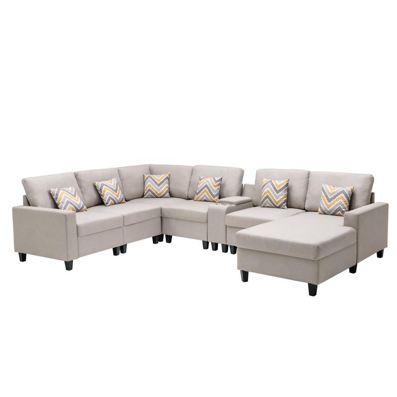 Nolan Beige Linen Fabric 7 - Pc Reversible Chaise Sectional Sofa with a USB, Charging Ports, Cupholders, Storage Console Table and Pillows and Interchangeable Legs. Picture 5