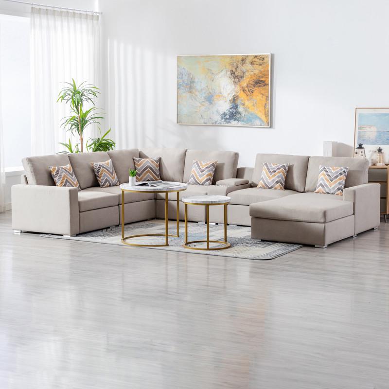Nolan Beige Linen Fabric 7 - Pc Reversible Chaise Sectional Sofa with a USB, Charging Ports, Cupholders, Storage Console Table and Pillows and Interchangeable Legs. Picture 2