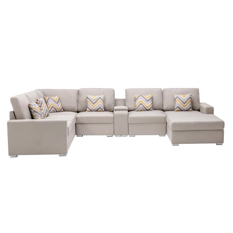 Nolan Beige Linen Fabric 7 - Pc Reversible Chaise Sectional Sofa with a USB, Charging Ports, Cupholders, Storage Console Table and Pillows and Interchangeable Legs. Picture 3