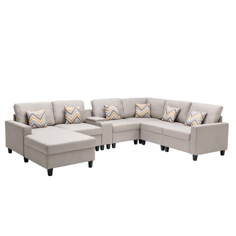 Nolan Beige Linen Fabric 7Pc Reversible Chaise Sectional Sofa with a USB, Charging Ports, Cupholders, Storage Console Table and Pillows and Interchangeable Legs. Picture 5