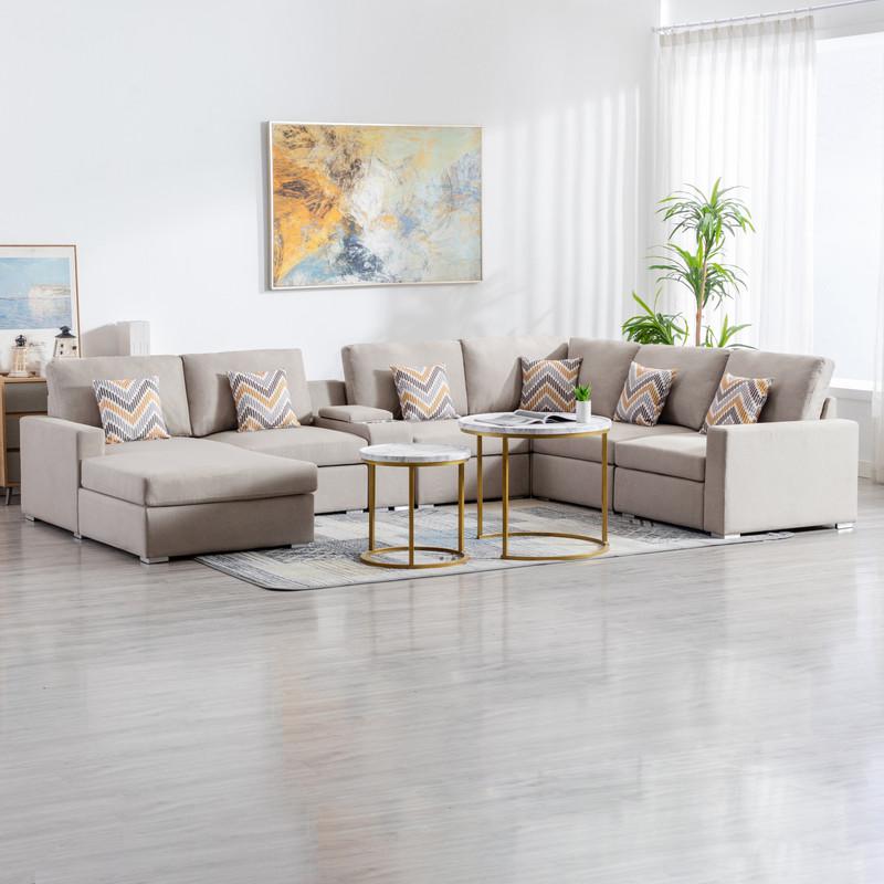Nolan Beige Linen Fabric 7Pc Reversible Chaise Sectional Sofa with a USB, Charging Ports, Cupholders, Storage Console Table and Pillows and Interchangeable Legs. Picture 2