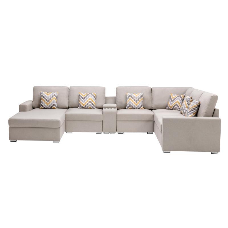 Nolan Beige Linen Fabric 7Pc Reversible Chaise Sectional Sofa with a USB, Charging Ports, Cupholders, Storage Console Table and Pillows and Interchangeable Legs. Picture 3