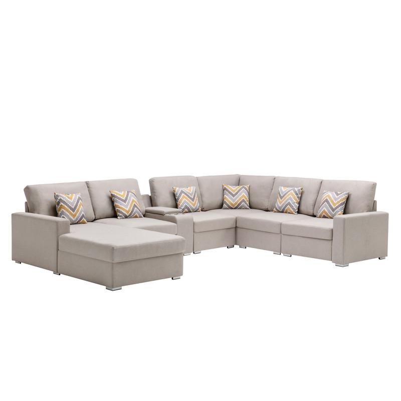 Nolan Beige Linen Fabric 7Pc Reversible Chaise Sectional Sofa with a USB, Charging Ports, Cupholders, Storage Console Table and Pillows and Interchangeable Legs. The main picture.