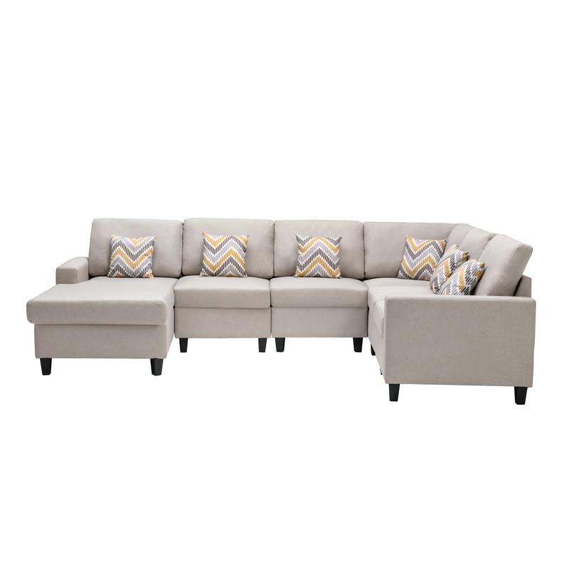 Nolan Beige Linen Fabric 6Pc Reversible Chaise Sectional Sofa with Pillows and Interchangeable Legs. Picture 6