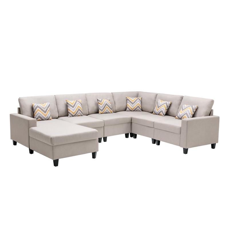 Nolan Beige Linen Fabric 6Pc Reversible Chaise Sectional Sofa with Pillows and Interchangeable Legs. Picture 5
