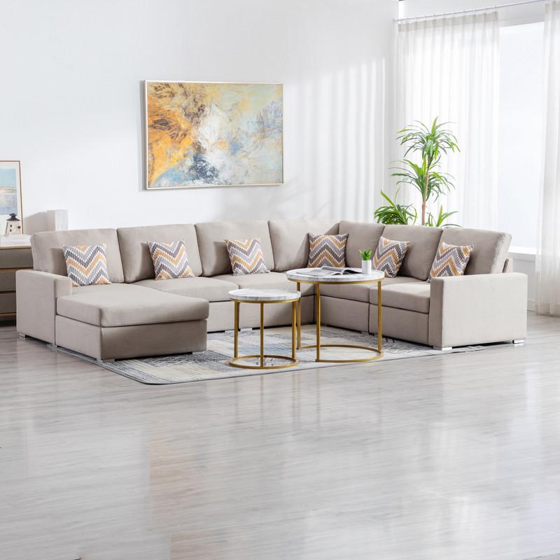 Nolan Beige Linen Fabric 6Pc Reversible Chaise Sectional Sofa with Pillows and Interchangeable Legs. Picture 4