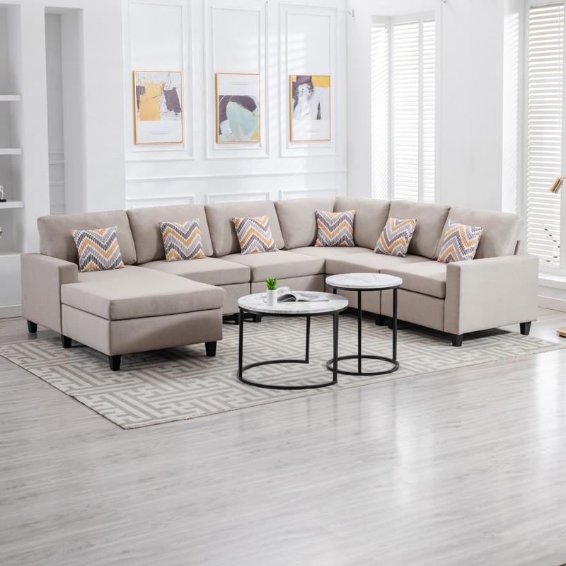 Nolan Beige Linen Fabric 6Pc Reversible Chaise Sectional Sofa with Pillows and Interchangeable Legs. Picture 3