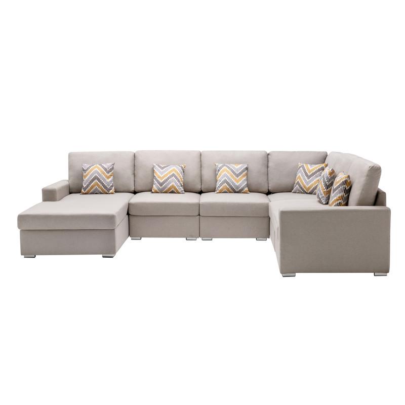 Nolan Beige Linen Fabric 6Pc Reversible Chaise Sectional Sofa with Pillows and Interchangeable Legs. Picture 2
