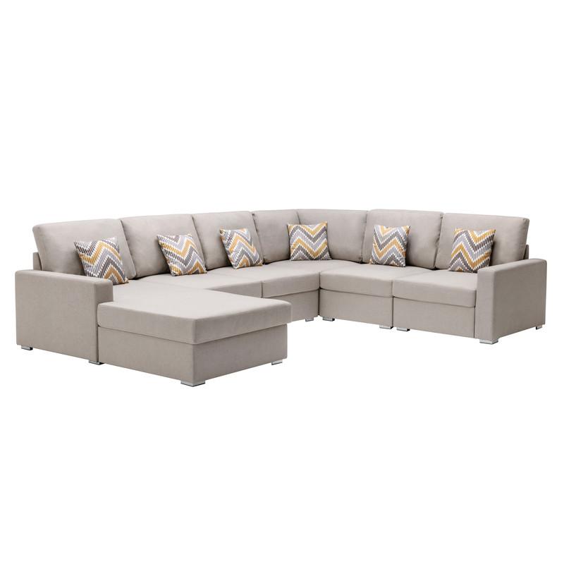 Nolan Beige Linen Fabric 6Pc Reversible Chaise Sectional Sofa with Pillows and Interchangeable Legs. Picture 1