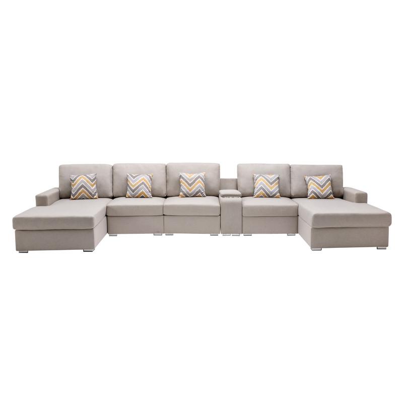 Nolan Beige Linen Fabric 6 Pc Double Chaise Sectional Sofa with Interchangeable Legs, a USB, Charging Ports, Cupholders, Storage Console Table and Pillows. Picture 2