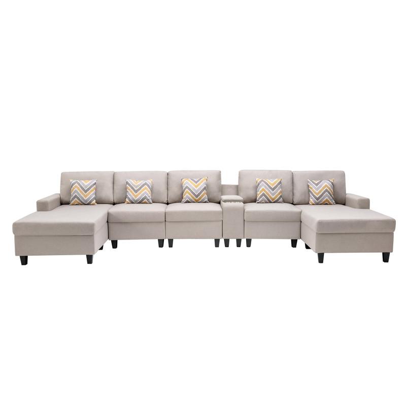 Nolan Beige Linen Fabric 6 Pc Double Chaise Sectional Sofa with Interchangeable Legs, a USB, Charging Ports, Cupholders, Storage Console Table and Pillows. Picture 6