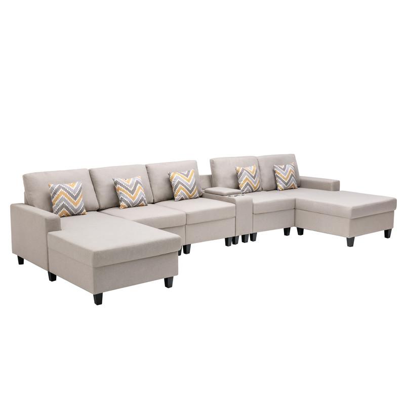 Nolan Beige Linen Fabric 6 Pc Double Chaise Sectional Sofa with Interchangeable Legs, a USB, Charging Ports, Cupholders, Storage Console Table and Pillows. Picture 5