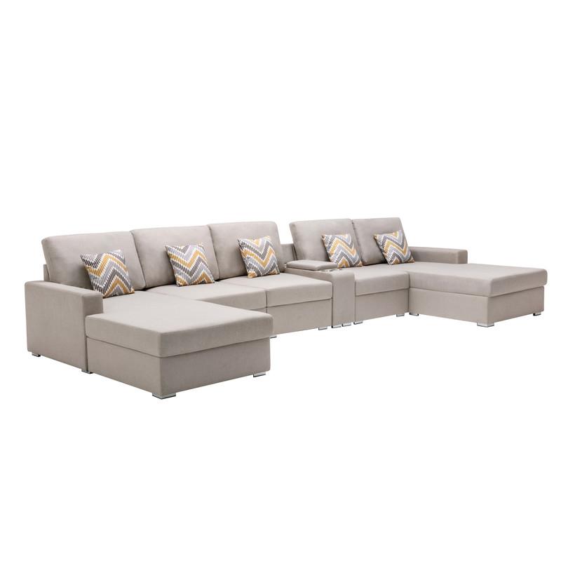 Nolan Beige Linen Fabric 6 Pc Double Chaise Sectional Sofa with Interchangeable Legs, a USB, Charging Ports, Cupholders, Storage Console Table and Pillows. Picture 1