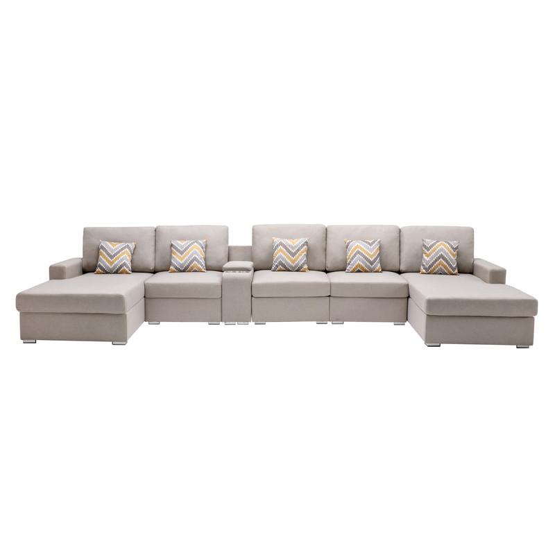 Nolan Beige Linen Fabric 6Pc Double Chaise Sectional Sofa with Interchangeable Legs, a USB, Charging Ports, Cupholders, Storage Console Table and Pillows. Picture 3