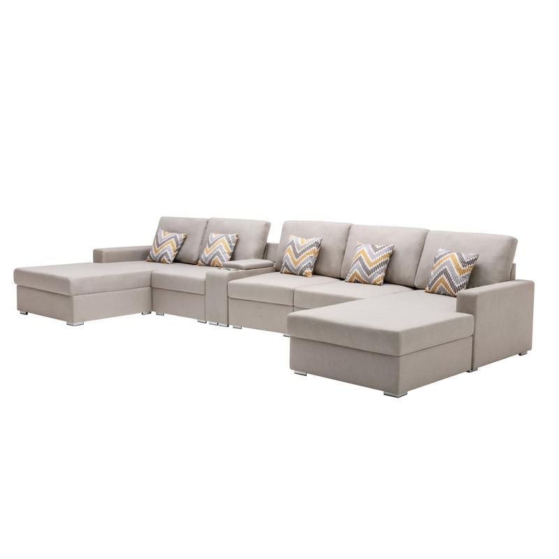 Nolan Beige Linen Fabric 6Pc Double Chaise Sectional Sofa with Interchangeable Legs, a USB, Charging Ports, Cupholders, Storage Console Table and Pillows. Picture 1
