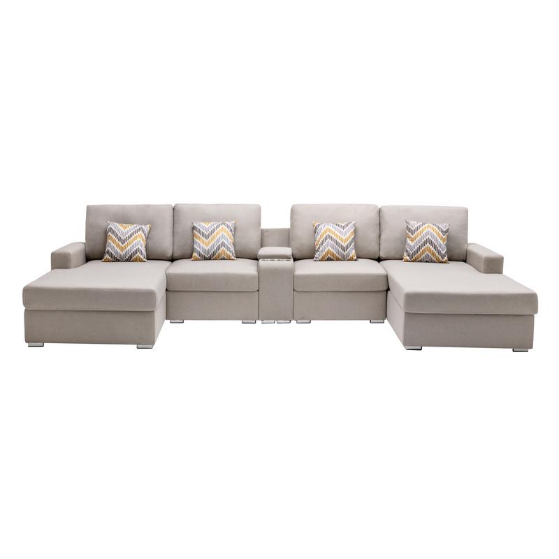 Nolan Beige Linen Fabric 5Pc Double Chaise Sectional Sofa with Interchangeable Legs, a USB, Charging Ports, Cupholders, Storage Console Table and Pillows. Picture 4