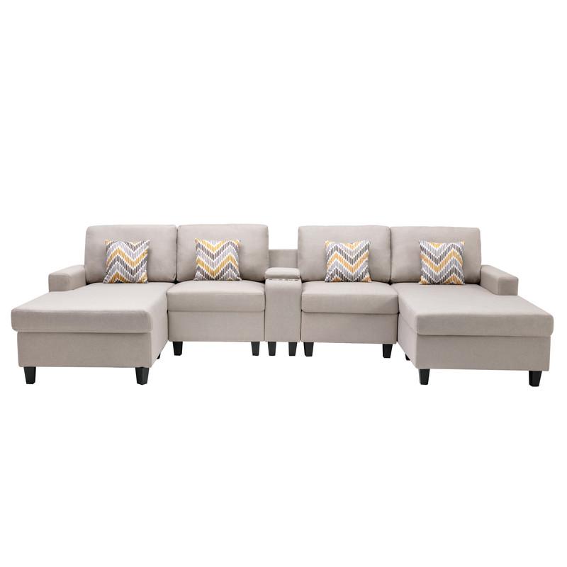 Nolan Beige Linen Fabric 5Pc Double Chaise Sectional Sofa with Interchangeable Legs, a USB, Charging Ports, Cupholders, Storage Console Table and Pillows. Picture 6