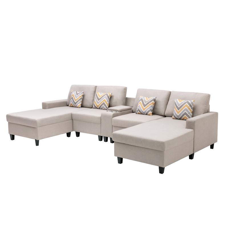 Nolan Beige Linen Fabric 5Pc Double Chaise Sectional Sofa with Interchangeable Legs, a USB, Charging Ports, Cupholders, Storage Console Table and Pillows. Picture 5
