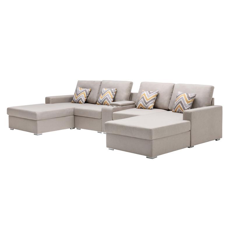 Nolan Beige Linen Fabric 5Pc Double Chaise Sectional Sofa with Interchangeable Legs, a USB, Charging Ports, Cupholders, Storage Console Table and Pillows. Picture 3