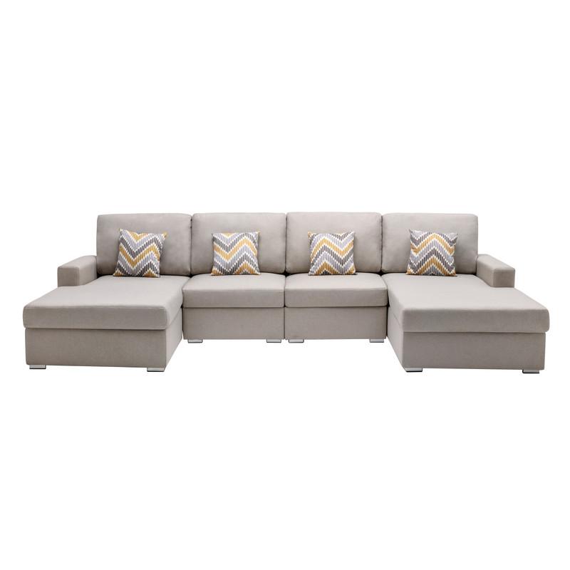 Nolan Beige Linen Fabric 4Pc Double Chaise Sectional Sofa with Pillows and Interchangeable Legs. Picture 3