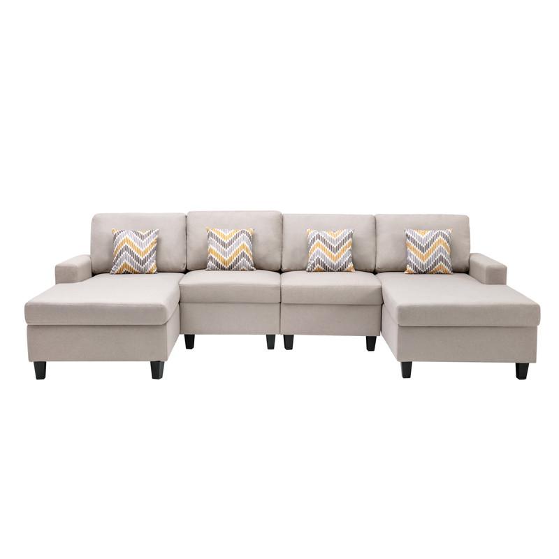 Nolan Beige Linen Fabric 4Pc Double Chaise Sectional Sofa with Pillows and Interchangeable Legs. Picture 6