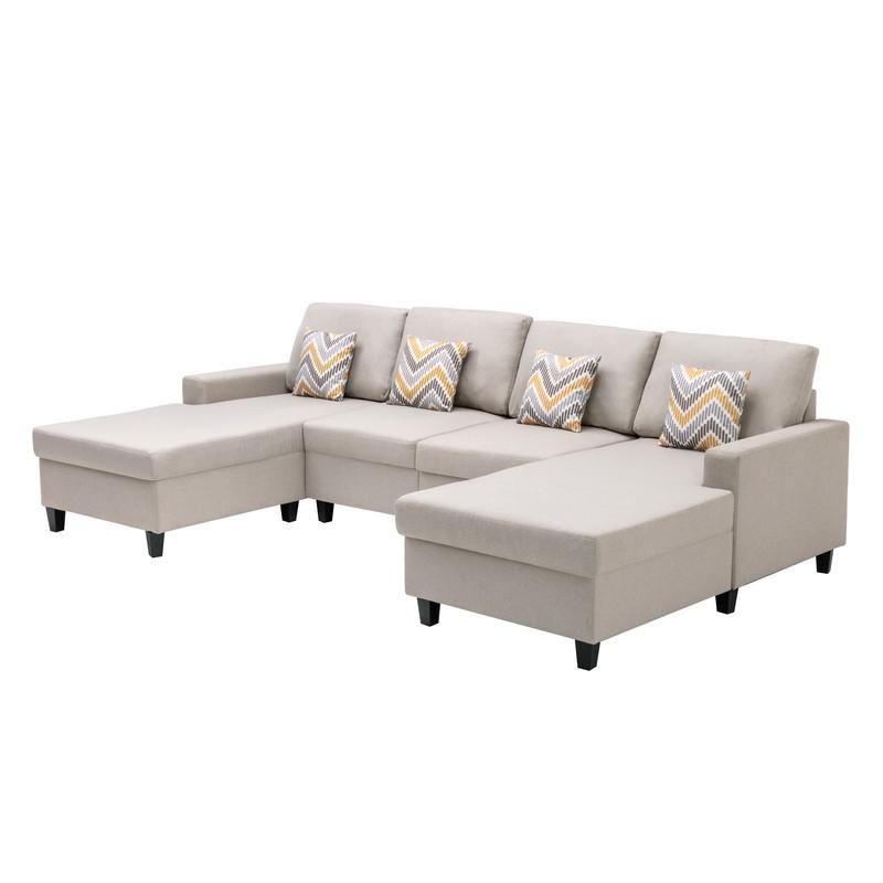 Nolan Beige Linen Fabric 4Pc Double Chaise Sectional Sofa with Pillows and Interchangeable Legs. Picture 5