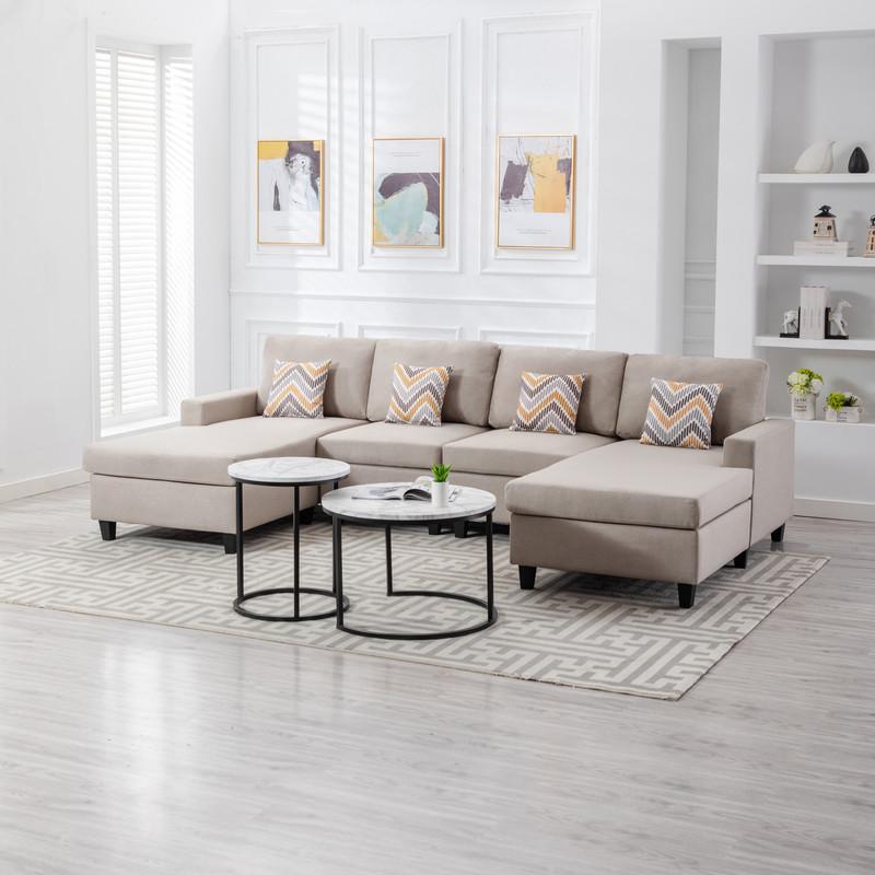 Nolan Beige Linen Fabric 4Pc Double Chaise Sectional Sofa with Pillows and Interchangeable Legs. Picture 4