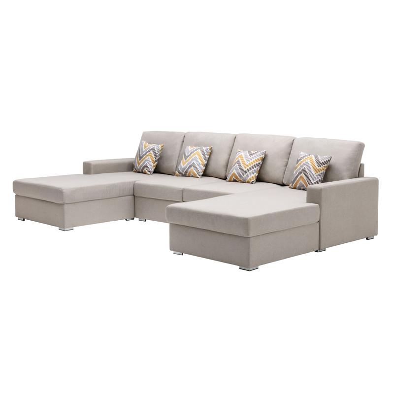 Nolan Beige Linen Fabric 4Pc Double Chaise Sectional Sofa with Pillows and Interchangeable Legs. The main picture.