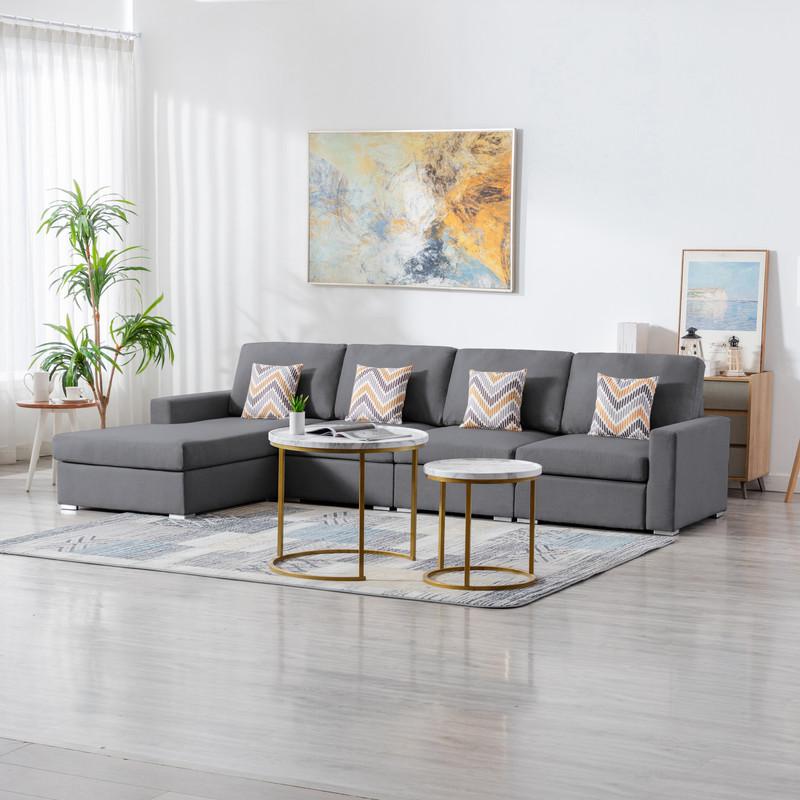 Nolan Gray Linen Fabric 4 Pc Reversible Sectional Sofa Chaise with Pillows and Interchangeable Legs. Picture 2