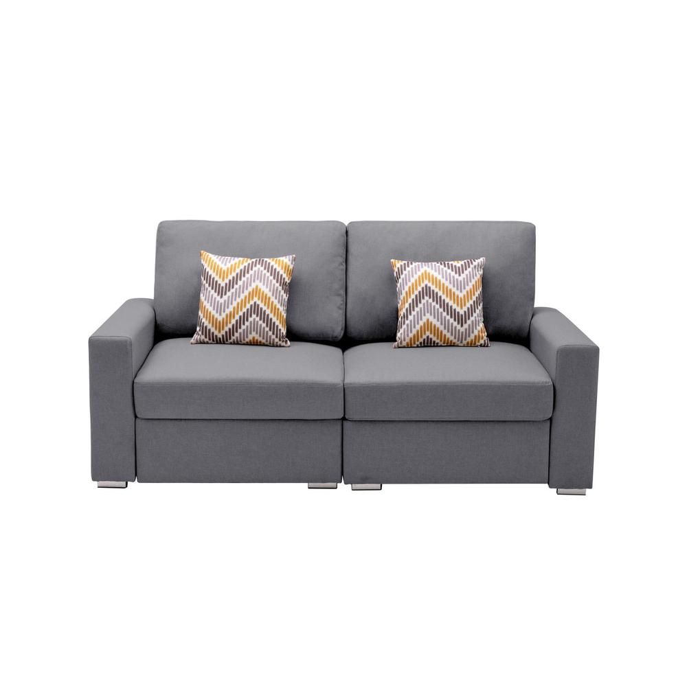 Nolan Gray Linen Fabric Loveseat with Pillows and Interchangeable Legs. Picture 3