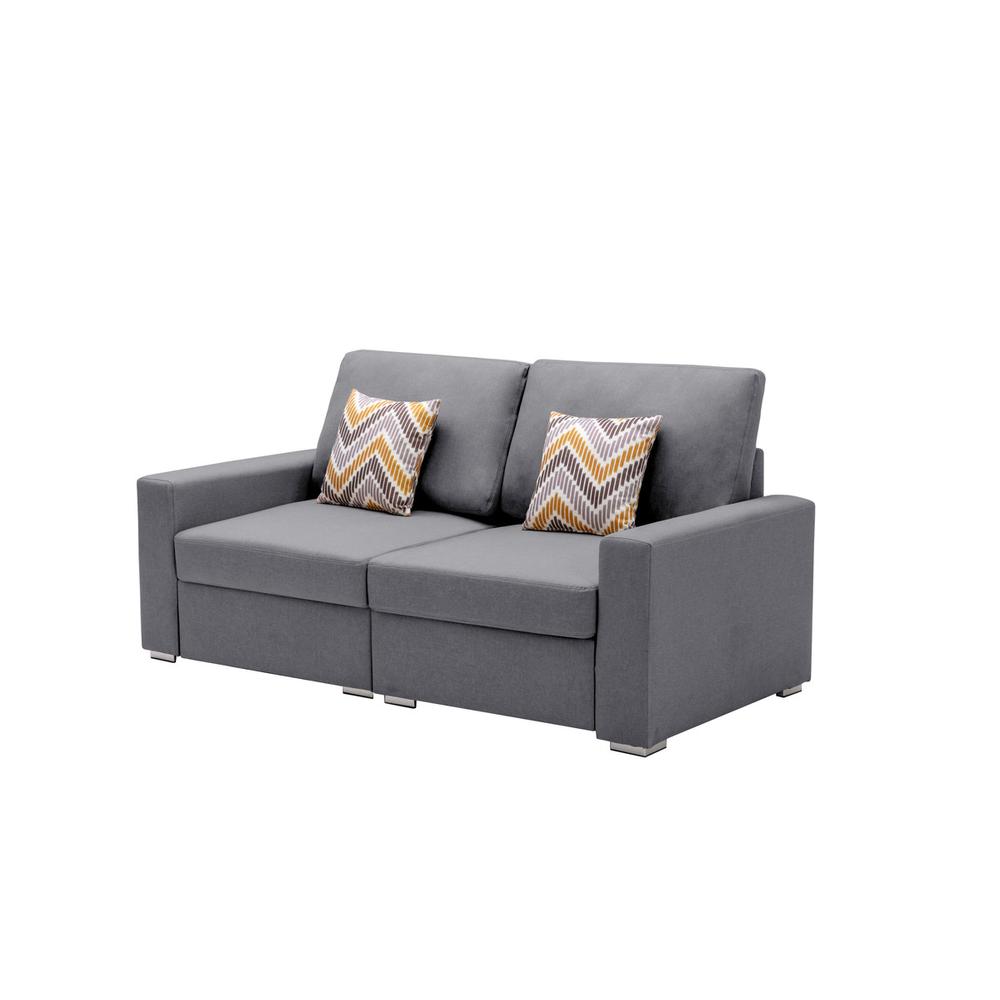 Nolan Gray Linen Fabric Loveseat with Pillows and Interchangeable Legs. Picture 1