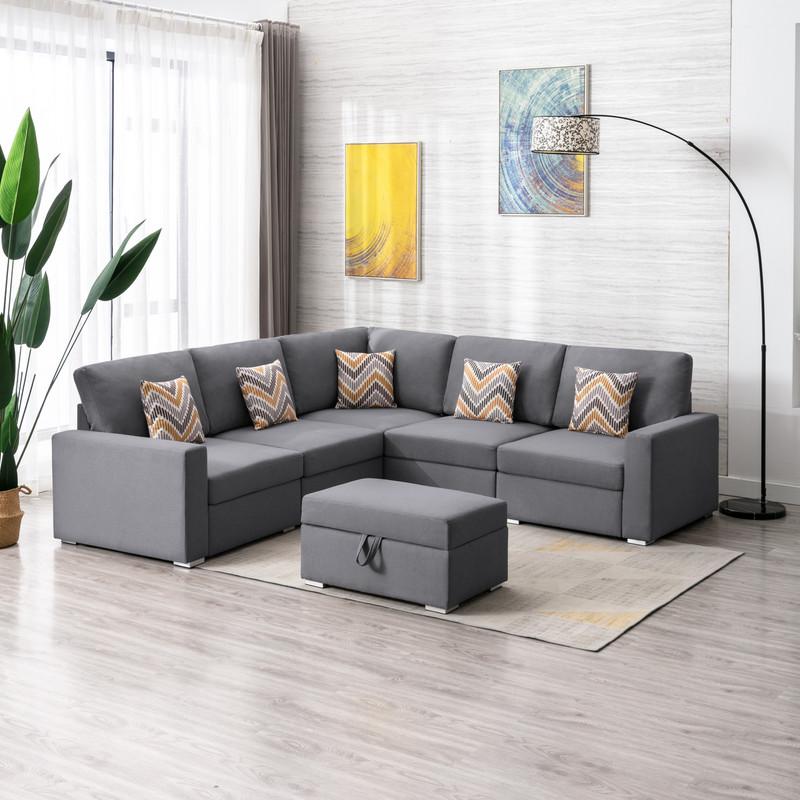 Nolan Gray Linen Fabric 6Pc Reversible Sectional Sofa with Pillows, Storage Ottoman, and Interchangeable Legs. Picture 2
