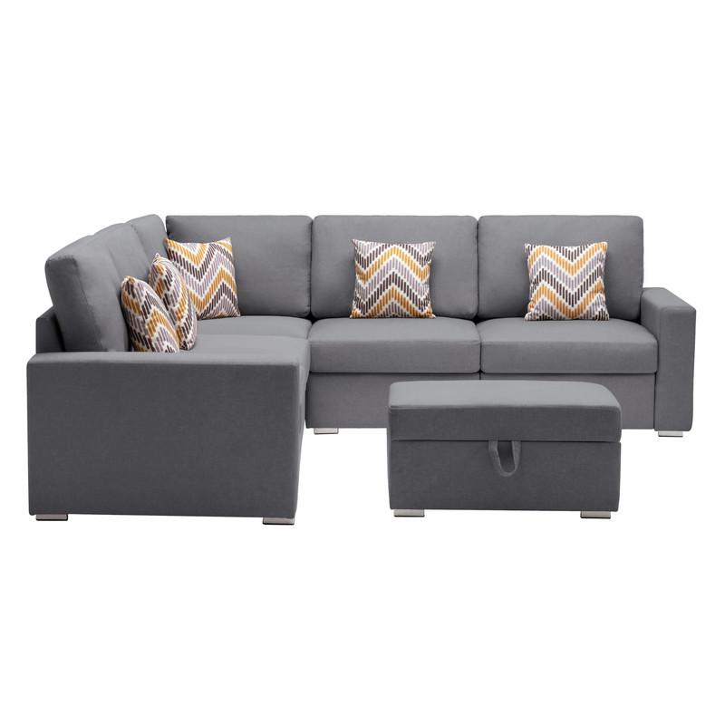 Nolan Gray Linen Fabric 6Pc Reversible Sectional Sofa with Pillows, Storage Ottoman, and Interchangeable Legs. Picture 3
