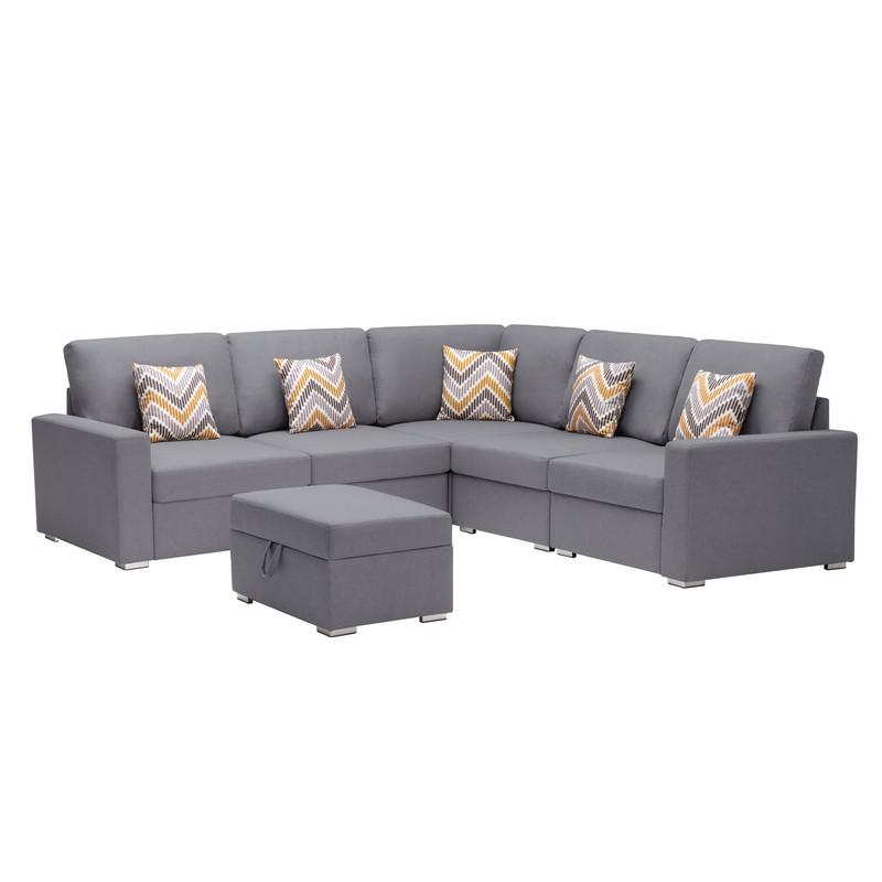 Nolan Gray Linen Fabric 6Pc Reversible Sectional Sofa with Pillows, Storage Ottoman, and Interchangeable Legs. Picture 1