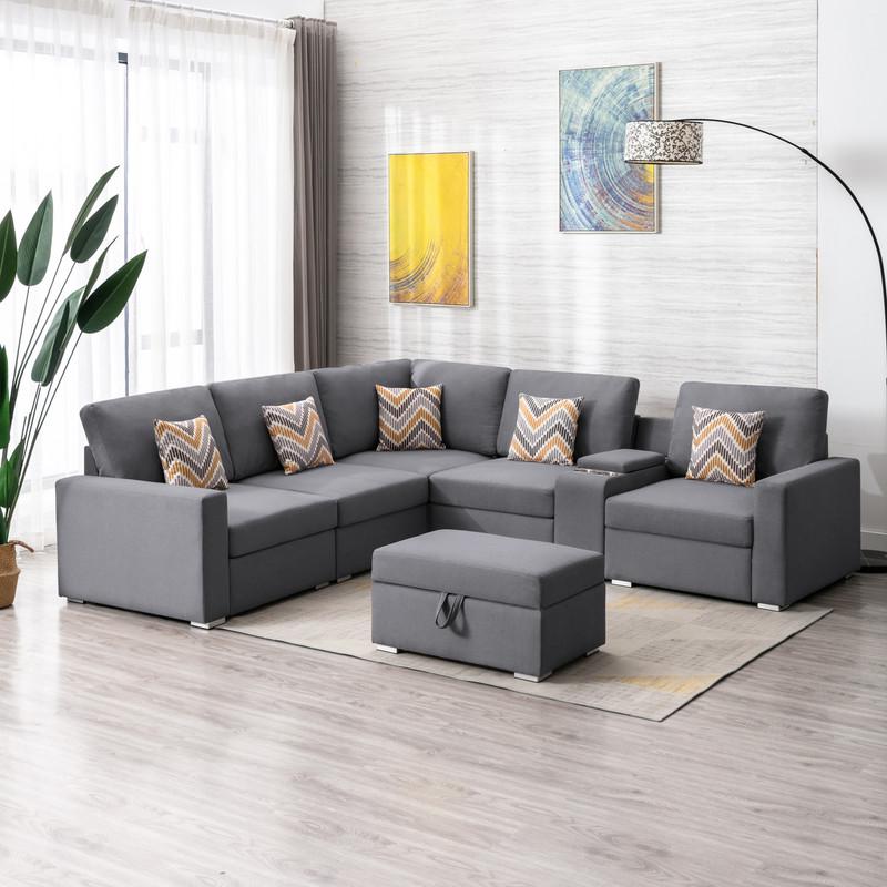 Nolan Gray Linen Fabric 7Pc Reversible Sectional Sofa with Interchangeable Legs, Pillows, Storage Ottoman, and a USB, Charging Ports, Cupholders, Storage Console Table. Picture 4