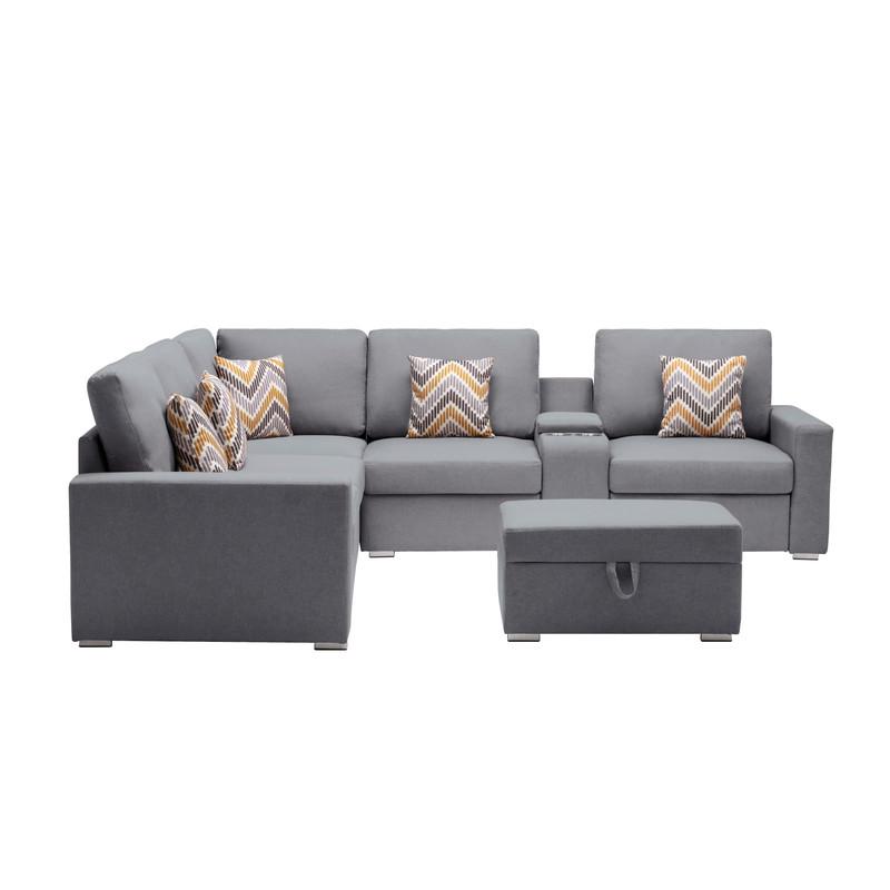 Nolan Gray Linen Fabric 7Pc Reversible Sectional Sofa with Interchangeable Legs, Pillows, Storage Ottoman, and a USB, Charging Ports, Cupholders, Storage Console Table. Picture 2