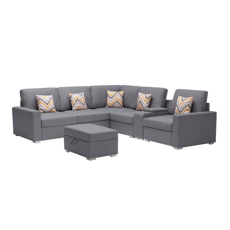 Nolan Gray Linen Fabric 7Pc Reversible Sectional Sofa with Interchangeable Legs, Pillows, Storage Ottoman, and a USB, Charging Ports, Cupholders, Storage Console Table. Picture 1
