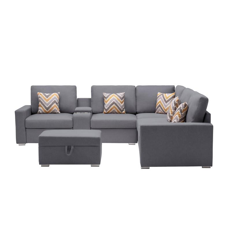 Nolan Gray Linen Fabric 7-Pc Reversible Sectional Sofa with Interchangeable Legs, Pillows, Storage Ottoman, and a USB, Charging Ports, Cupholders, Storage Console Table. Picture 3
