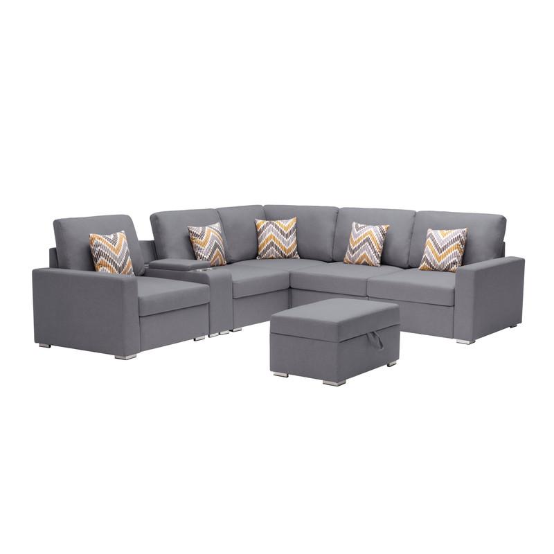 Nolan Gray Linen Fabric 7-Pc Reversible Sectional Sofa with Interchangeable Legs, Pillows, Storage Ottoman, and a USB, Charging Ports, Cupholders, Storage Console Table. The main picture.