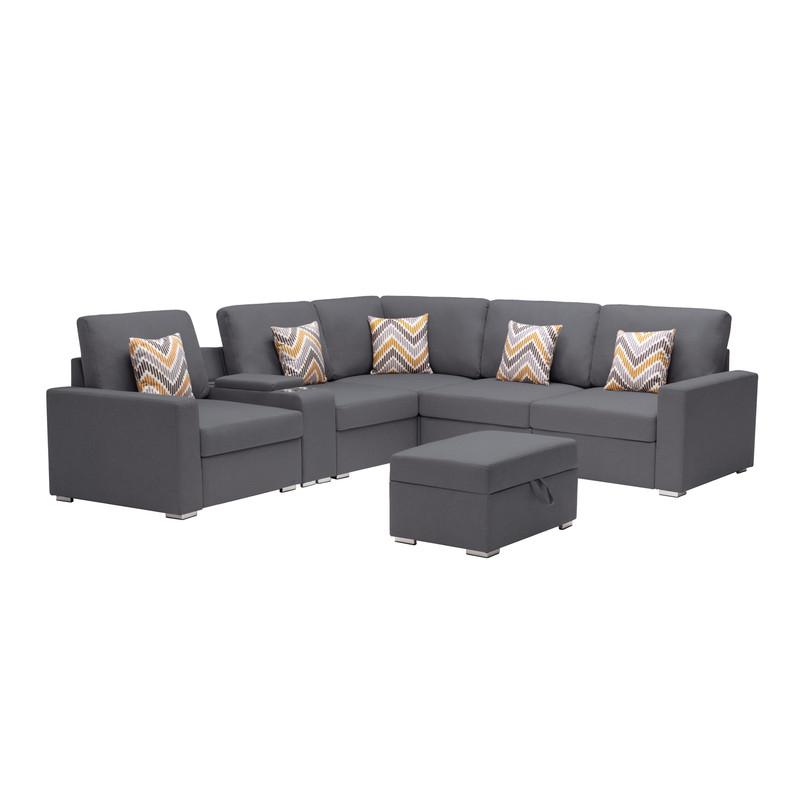 Nolan Gray Linen Fabric 7Pc Reversible Sectional Sofa with Interchangeable Legs, Pillows, Storage Ottoman, and a USB, Charging Ports, Cupholders, Storage Console Table. Picture 7