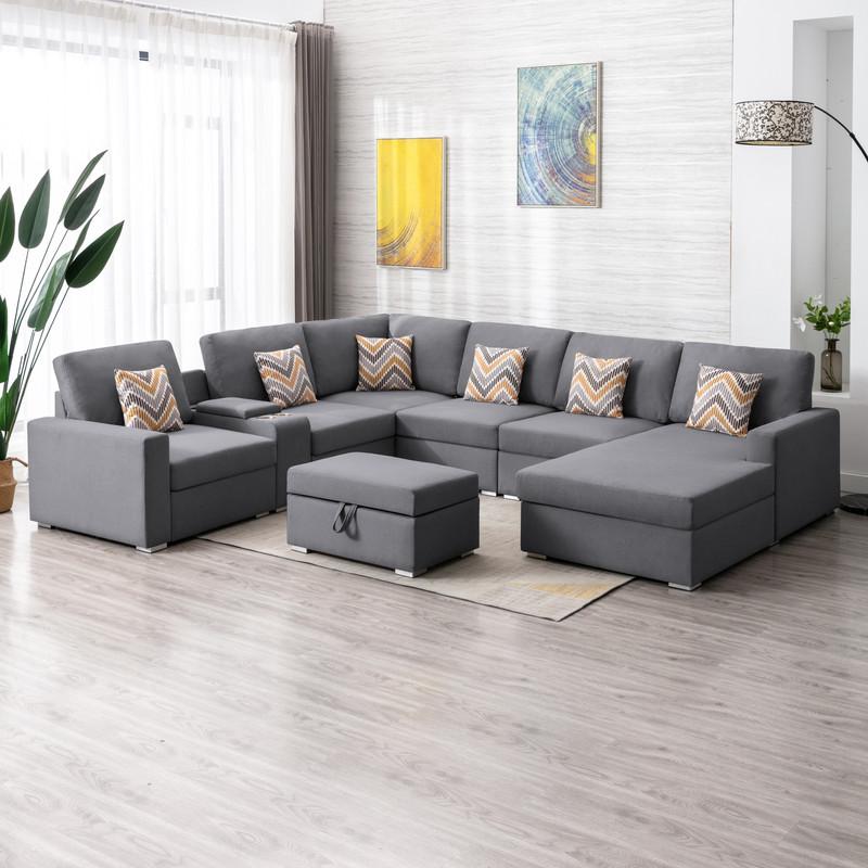 Nolan Gray Linen Fabric 8Pc Reversible Chaise Sectional Sofa with Interchangeable Legs, Pillows, Storage Ottoman, and a USB, Charging Ports, Cupholders, Storage Console Table. Picture 2