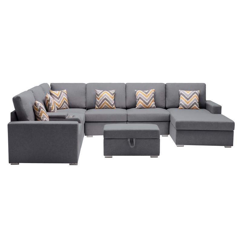 Nolan Gray Linen Fabric 8Pc Reversible Chaise Sectional Sofa with Interchangeable Legs, Pillows, Storage Ottoman, and a USB, Charging Ports, Cupholders, Storage Console Table. Picture 3