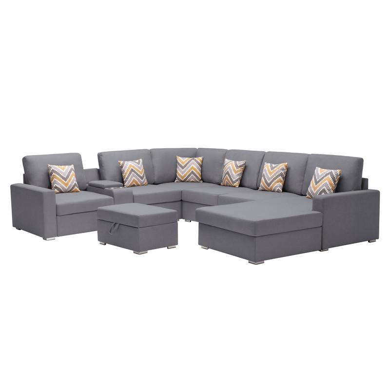 Nolan Gray Linen Fabric 8Pc Reversible Chaise Sectional Sofa with Interchangeable Legs, Pillows, Storage Ottoman, and a USB, Charging Ports, Cupholders, Storage Console Table. Picture 1