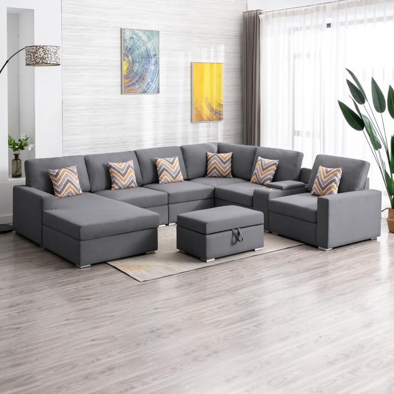 Nolan Gray Linen Fabric 8-Pc Reversible Chaise Sectional Sofa with Interchangeable Legs, Pillows, Storage Ottoman, and a USB, Charging Ports, Cupholders, Storage Console Table. Picture 2