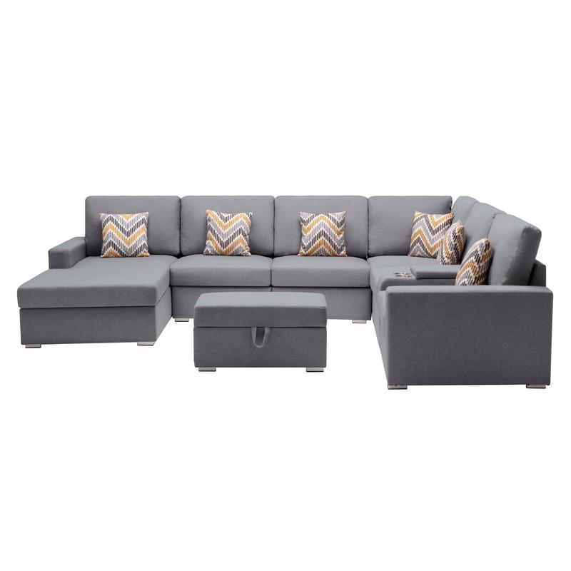 Nolan Gray Linen Fabric 8-Pc Reversible Chaise Sectional Sofa with Interchangeable Legs, Pillows, Storage Ottoman, and a USB, Charging Ports, Cupholders, Storage Console Table. Picture 3
