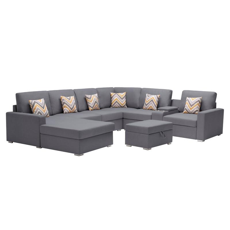 Nolan Gray Linen Fabric 8-Pc Reversible Chaise Sectional Sofa with Interchangeable Legs, Pillows, Storage Ottoman, and a USB, Charging Ports, Cupholders, Storage Console Table. Picture 1